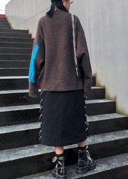 Women chocolate Sweater Blouse casual v neck patchwork sweaters - SooLinen