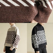 Women chocolate knitted pullover patchwork Loose fitting high neck sweaters - SooLinen