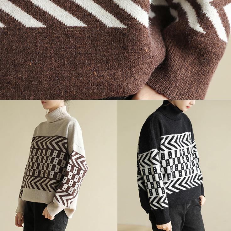 Women chocolate knitted pullover patchwork Loose fitting high neck sweaters - SooLinen