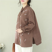 Women chocolate linen Blouse Vintage Shape embroidery Plus Size Clothing lapel shirts