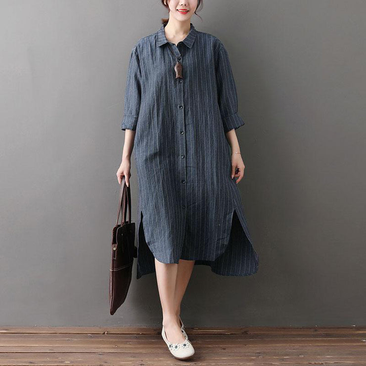 Frauen-Baumwoll-Leinen-Outfit plus Größe, lockeres Hemdkleid mit unregelmäßigem Saum und Streifen