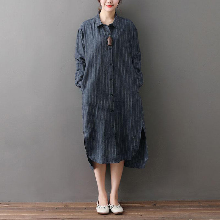 Frauen-Baumwoll-Leinen-Outfit plus Größe, lockeres Hemdkleid mit unregelmäßigem Saum und Streifen