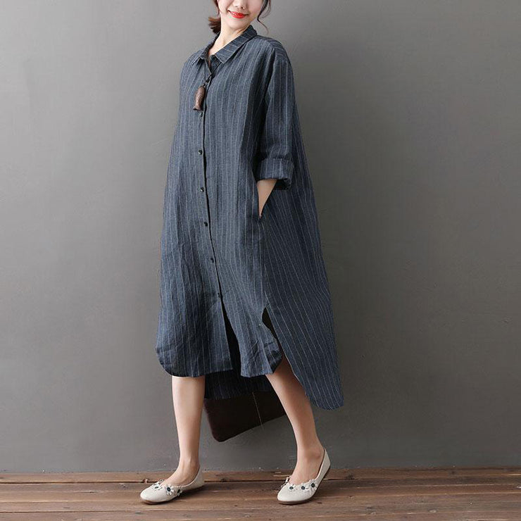 Frauen-Baumwoll-Leinen-Outfit plus Größe, lockeres Hemdkleid mit unregelmäßigem Saum und Streifen
