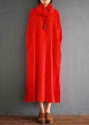 Women cotton tunics for women Fitted Turtleneck Split Loose Cotton Vintage Winter Dress