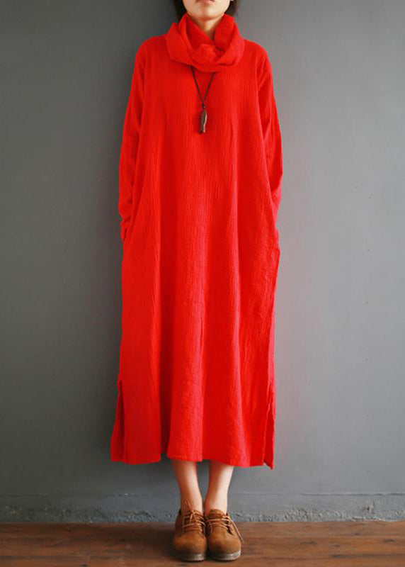 Women cotton tunics for women Fitted Turtleneck Split Loose Cotton Vintage Winter Dress