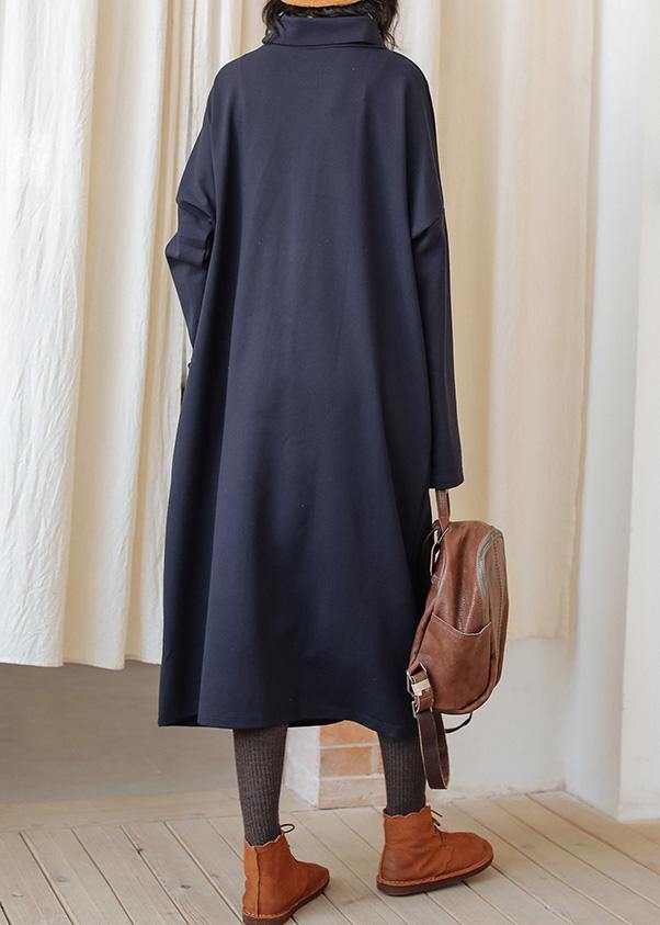 Women dark blue cotton Tunics high neck patchwork Plus Size fall Dress - SooLinen