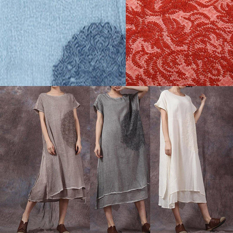 Women embroidery linen cotton clothes For Women Outfits gray side open Dresses summer - SooLinen