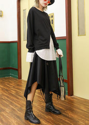 Women false two pieces cotton top silhouette Work Outfits black blouses fall - SooLinen