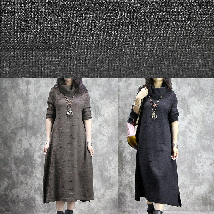 Women high neck Sweater weather Moda dark khaki side open daily knitwear fall - SooLinen