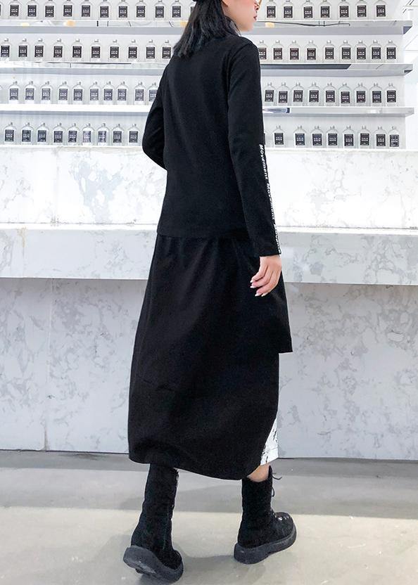 Women high neck cotton Tunic Neckline black patchwork gray top - SooLinen