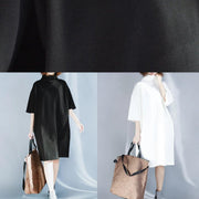 Women high neck half sleeve Cotton Tunics design black Dresses - SooLinen