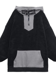 Women hooded zippered spring clothes black fuzzy wool tops - SooLinen