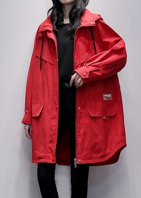 Women hooded zippered  crane coats red Letter Midi outwear - SooLinen
