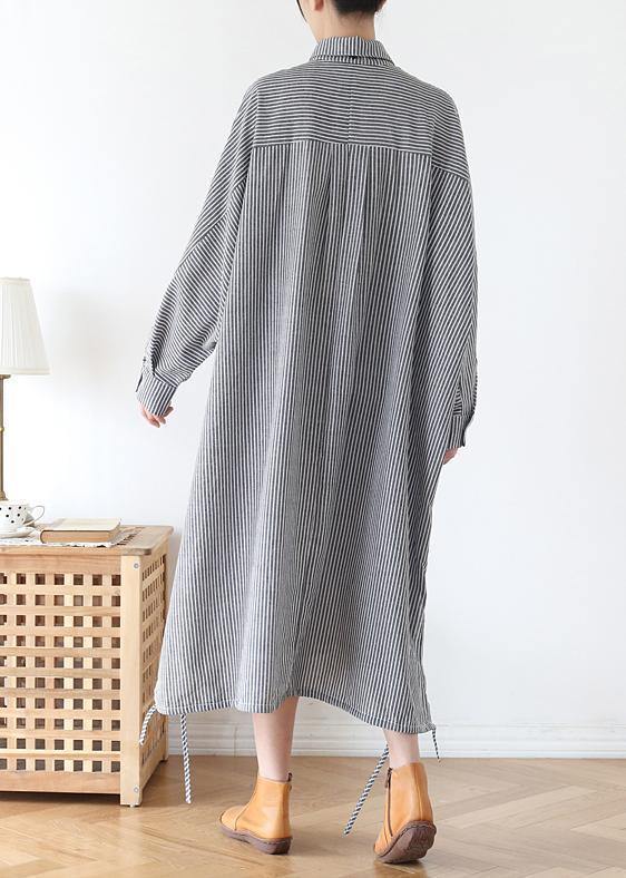Women lapel Batwing Sleeve fall tunic pattern Fashion Ideas black striped Plus Size Dresses - SooLinen