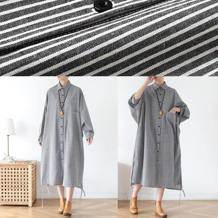 Women lapel Batwing Sleeve fall tunic pattern Fashion Ideas black striped Plus Size Dresses - SooLinen