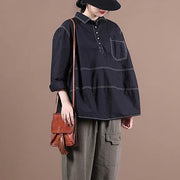Women lapel baggy blouses for pattern black top - SooLinen