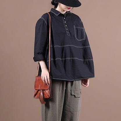 Women lapel baggy blouses for pattern black top - SooLinen