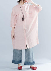 Women lapel collar linen clothes For Women Inspiration pink Dresses summer - SooLinen