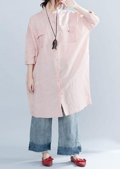 Women lapel collar linen clothes For Women Inspiration pink Dresses summer - SooLinen