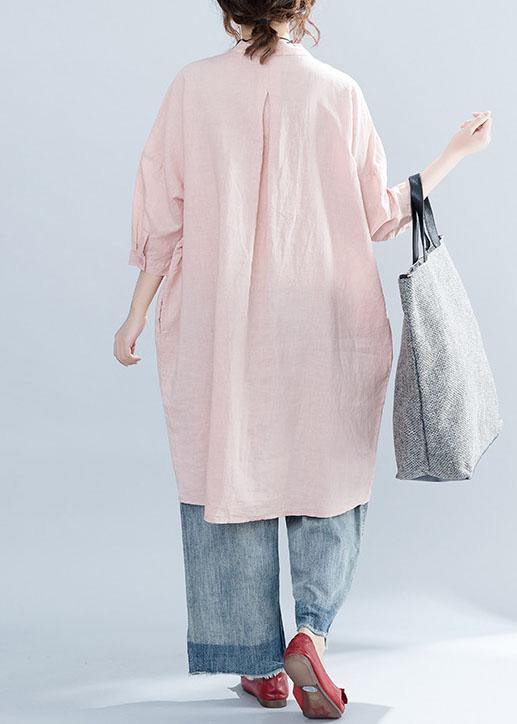 Women lapel collar linen clothes For Women Inspiration pink Dresses summer - SooLinen