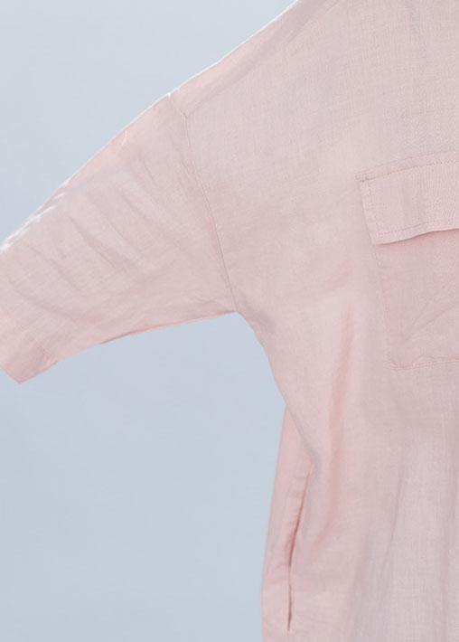 Women lapel collar linen clothes For Women Inspiration pink Dresses summer - SooLinen