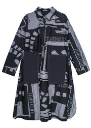 Women lapel pockets fall Tunics pattern black white print long Dresses - SooLinen