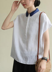 Women lapel side open linen clothes Cotton white shirt - SooLinen