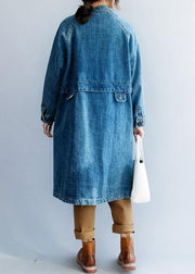 Women light blue Fine tunic coat Tunic Tops stand collar patchwork coat - SooLinen