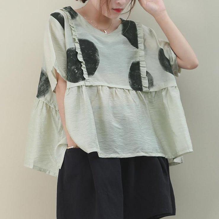 Women light green dotted cotton Blouse o neck loose summer blouse - SooLinen