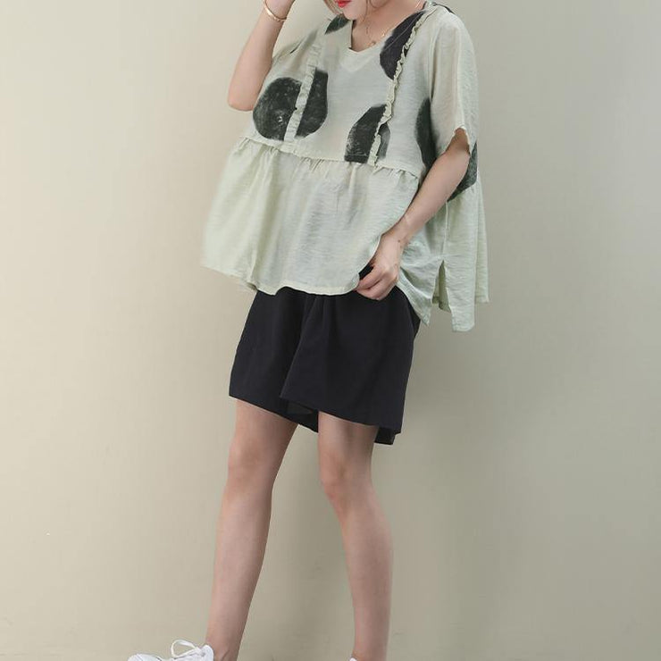 Women light green dotted cotton Blouse o neck loose summer blouse - SooLinen