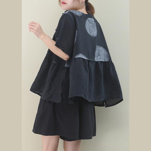 Women light green dotted cotton Blouse o neck loose summer blouse - SooLinen