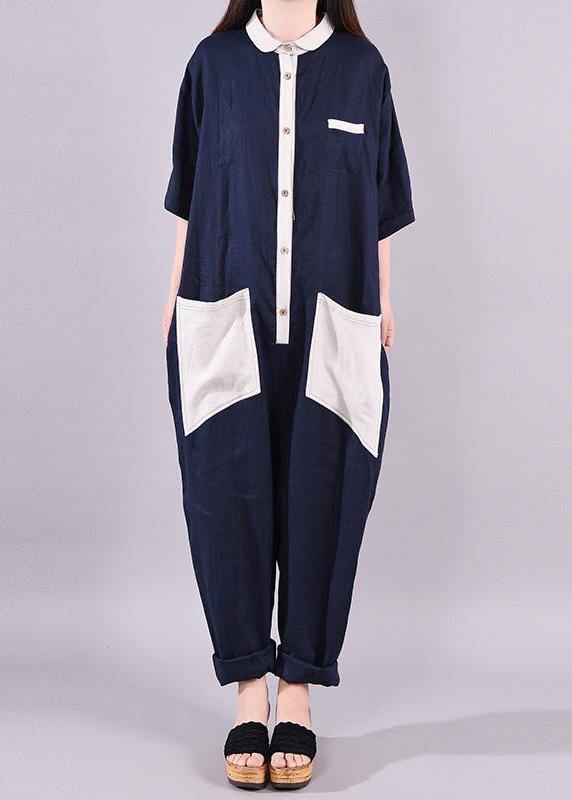 Women linen Fitted Fashion Spliced Big Pockets Casual Romper - SooLinen