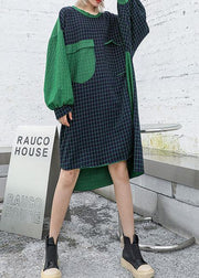 Women low high design cotton clothes Catwalk patchwork plaid Dresses fall - SooLinen