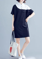 Women navy Cotton dresses o neck patchwork Midi summer Dress - SooLinen