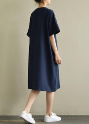 Women navy Cotton outfit o neck embroidery oversized summer Dress - SooLinen