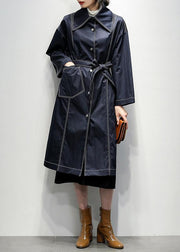 Women navy Fine coats Notched tie waist coats - SooLinen