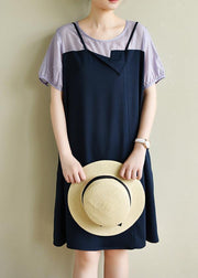 Women navy dress patchwork false two pieces A Line Dresses - SooLinen