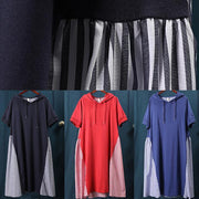Women navy tunic dress hooded patchwork striped Maxi Dresses - SooLinen