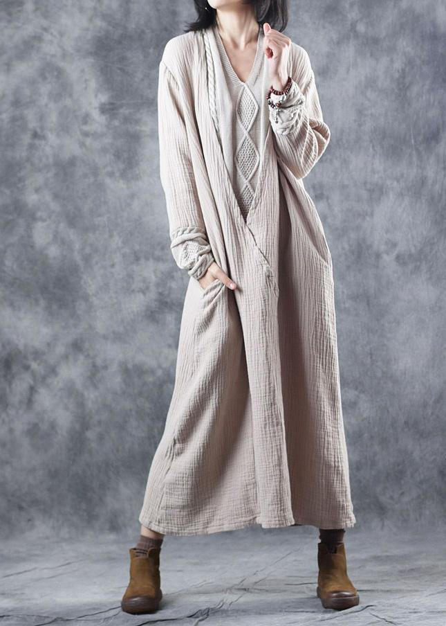 Women nude Sweater dress outfit Upcycle patchwork Mujer v neck knitted tops - SooLinen