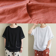 Women o neck Open wire decoration linen summer clothes black short shirt - SooLinen
