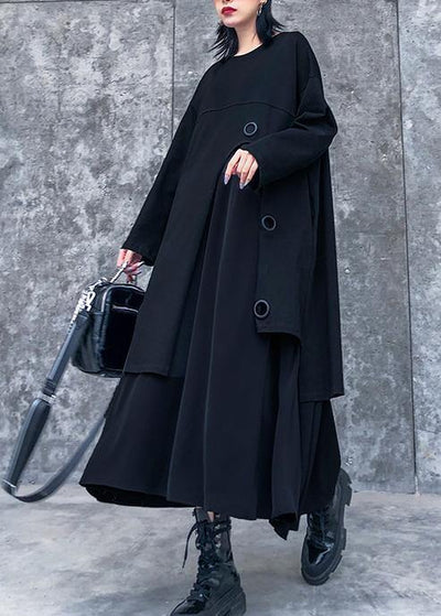 Women o neck asymmetric quilting clothes pattern black Plus Size Dress - SooLinen