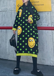 Women o neck baggy Sweater dress outfit plus size green dotted Fuzzy knitted dress - SooLinen