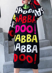 Women o neck baggy Sweater outfits Quotes black print Largo knit dresses - SooLinen