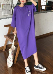 Women o neck cotton clothes pattern purple Maxi Dress summer - SooLinen