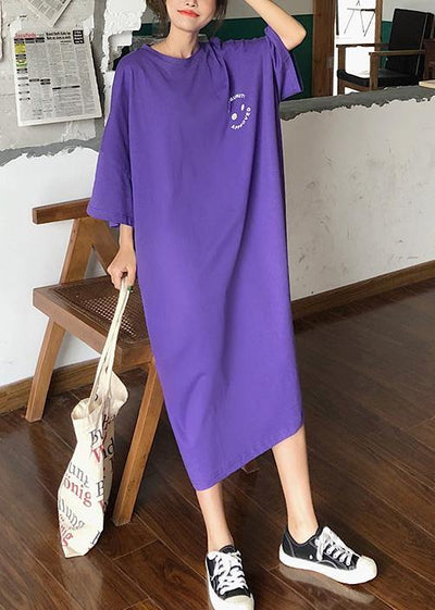 Women o neck cotton clothes pattern purple Maxi Dress summer - SooLinen