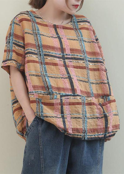 Women o neck linen summer top silhouette Fashion Ideas khaki plaid tops - SooLinen
