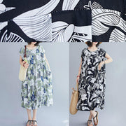 Women o neck pockets summer quilting dresses Runway black print Dress - SooLinen