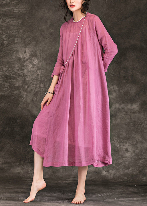 Frauen O-Ausschnitt Krawatte Taille Leinen Lange Hemden Feine Hemden rosa Plus Size Kleid Sommer
