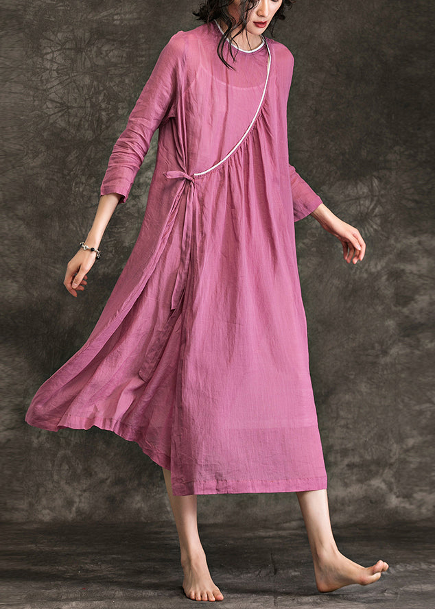 Frauen O-Ausschnitt Krawatte Taille Leinen Lange Hemden Feine Hemden rosa Plus Size Kleid Sommer