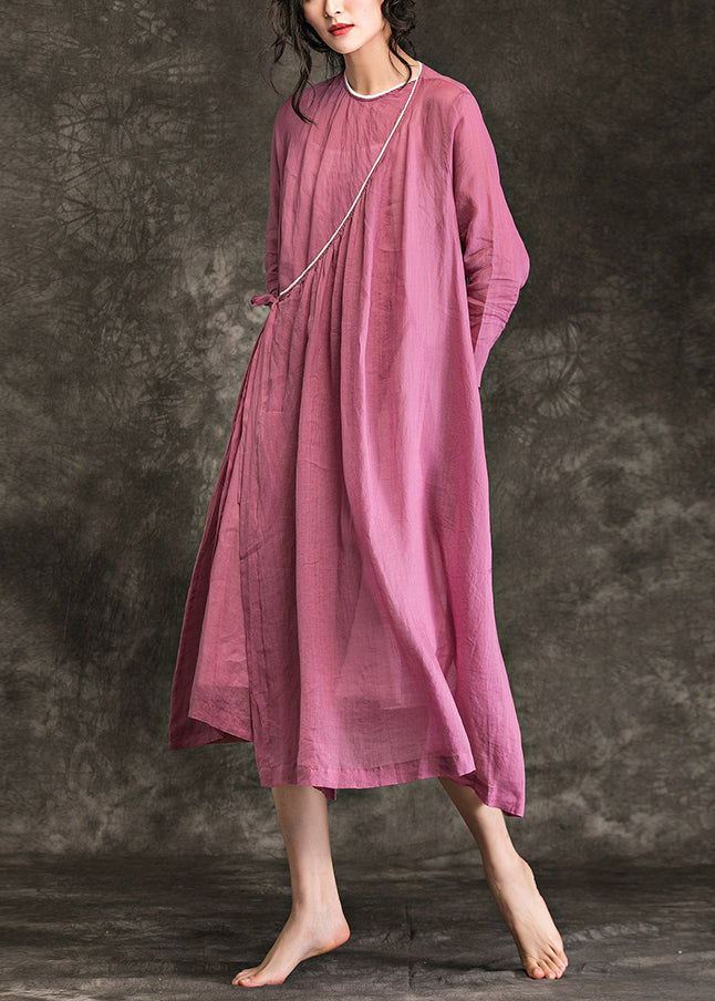 Frauen O-Ausschnitt Krawatte Taille Leinen Lange Hemden Feine Hemden rosa Plus Size Kleid Sommer